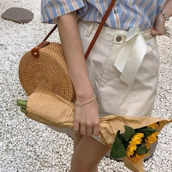 Ratton Straw Round Basket Crossbody Purse Snap Closure - Picture 10 of 10